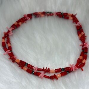 Vintage Pink, Red, and Salmon Coral Necklace with Sterling Silver